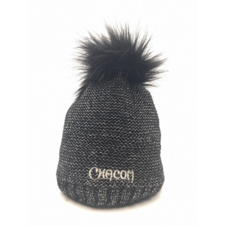 Bonnet Chacom Noir et Argent Pompon Fourrure Bonnet Chacom Noir et Argent Pompon Fourrure